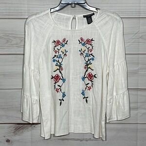 NWT Chelsea & Theodore White Embroidered Linen Blend Top Tiered Sleeves